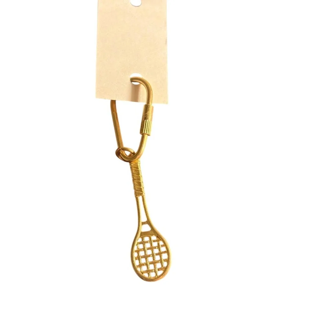 Gold Tone Tennis Racquet Keychain Carabiner Clip Sporty Bag Charm Accessory
